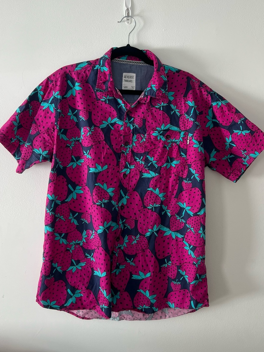Reverse Threads Men’s Shirt | Fun Neon Strawberry Print Button-Down L